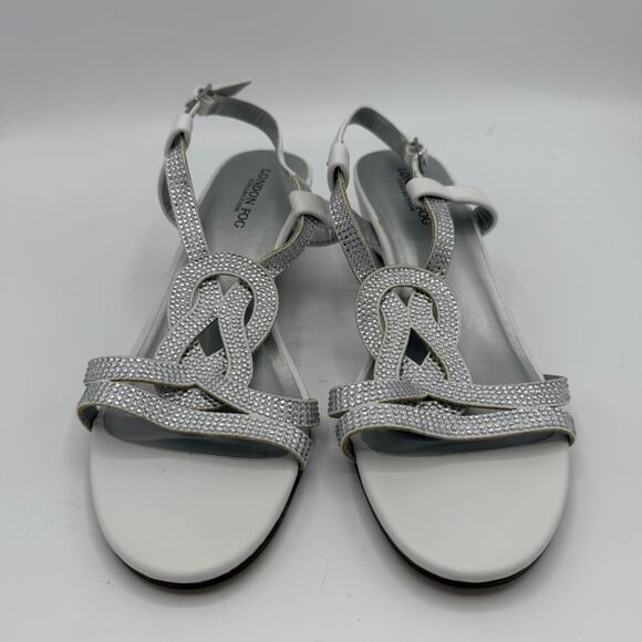 NEW London Fog Macey Demi Wedge Dress Sandal Women 7M White Slingback Rhinestone - Picture 3 of 11